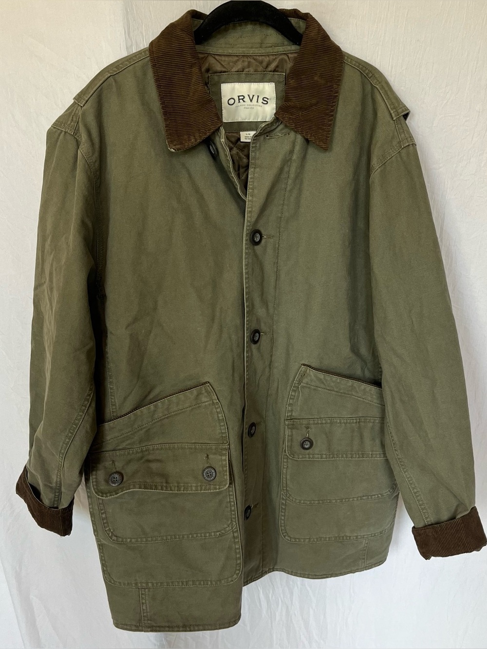 Orvis Olive Green Canvas Barn Chore Jacket w/ Corduroy Trim Sz L